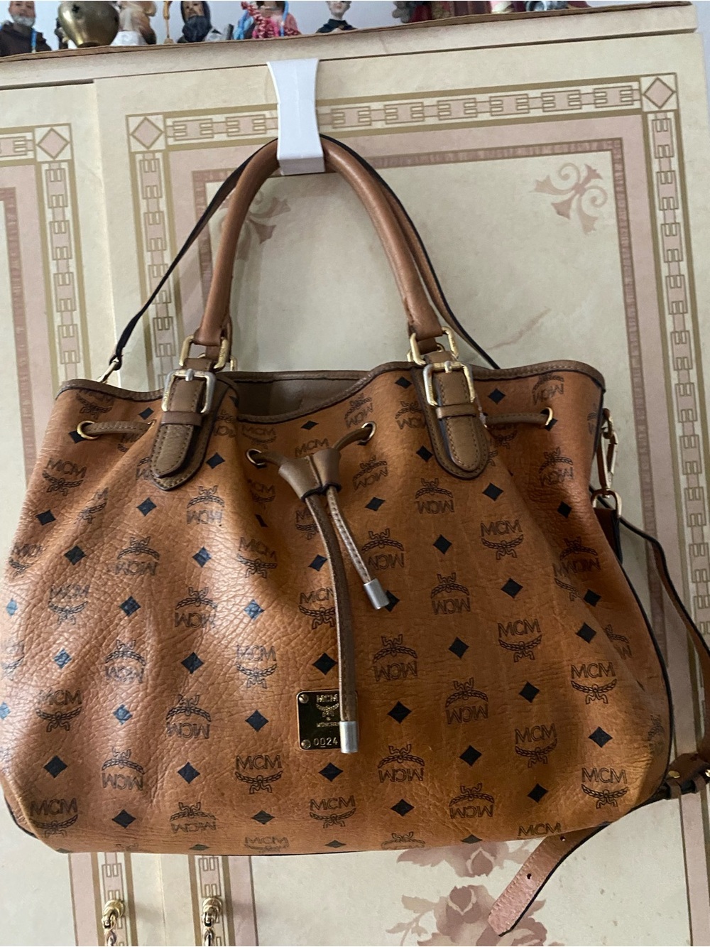 MCM Cognac Logo Visetos Drawstring Shoulder Bag with Gold Hardware